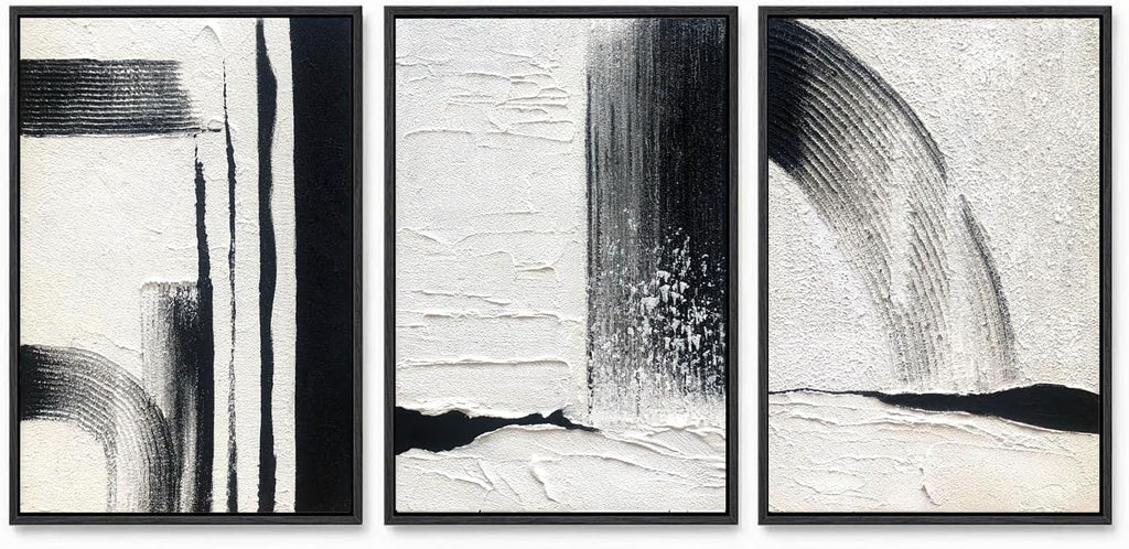 Black and White Textured Abstract Wall Art for Living Room, 3 Piece Framed Modern Artwork for Walls, Hand Painted Minimalist 3D Oil Paintings for Hallway Office Wall Decor 24x48 In