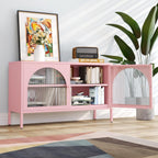 2 Door Metal Accent Storage Cabinet for Music Studio,Living Room,Home,Hotel,Office,2-Tier Steel Storage Locker TV Stand (Translucent Door, New Pink)