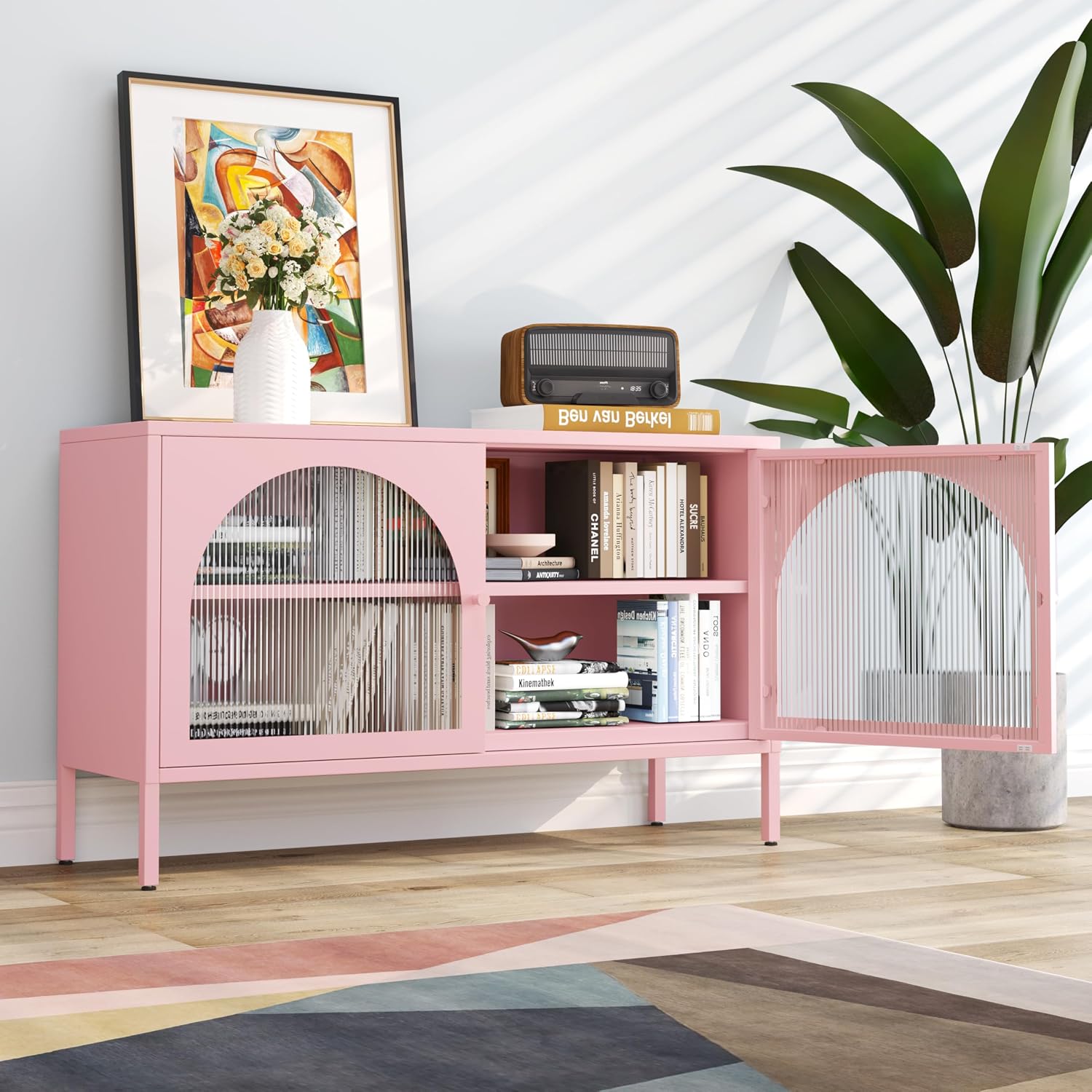 2 Door Metal Accent Storage Cabinet for Music Studio,Living Room,Home,Hotel,Office,2-Tier Steel Storage Locker TV Stand (Translucent Door, New Pink)