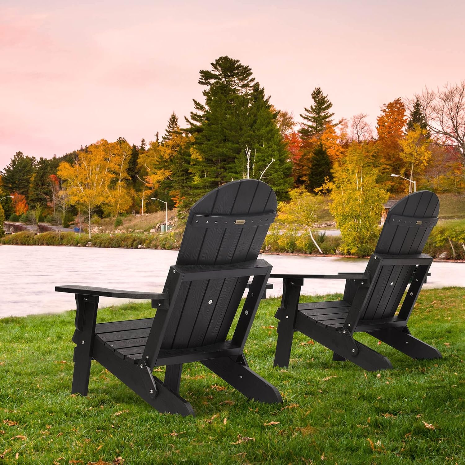 Folding Adirondack Chairs Set of 2, All Weather Resistant Plastic Chairs with Cup Holder, Fold or Unfold Easily in 1 Second, Outdoor Chairs for Patio, Garden, Backyard Deck, Lawn Fire Pit(Black)