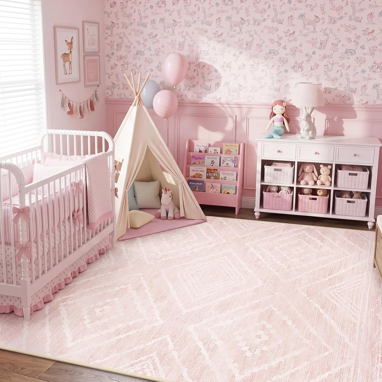 BESTSWEETIE Area Rug 5x7 Rug Machine Washable Non-Slip Low Pile Print Pattern Western Rug for Living Room Bedroom Entryway Tribal Series -Light Pink/Cream