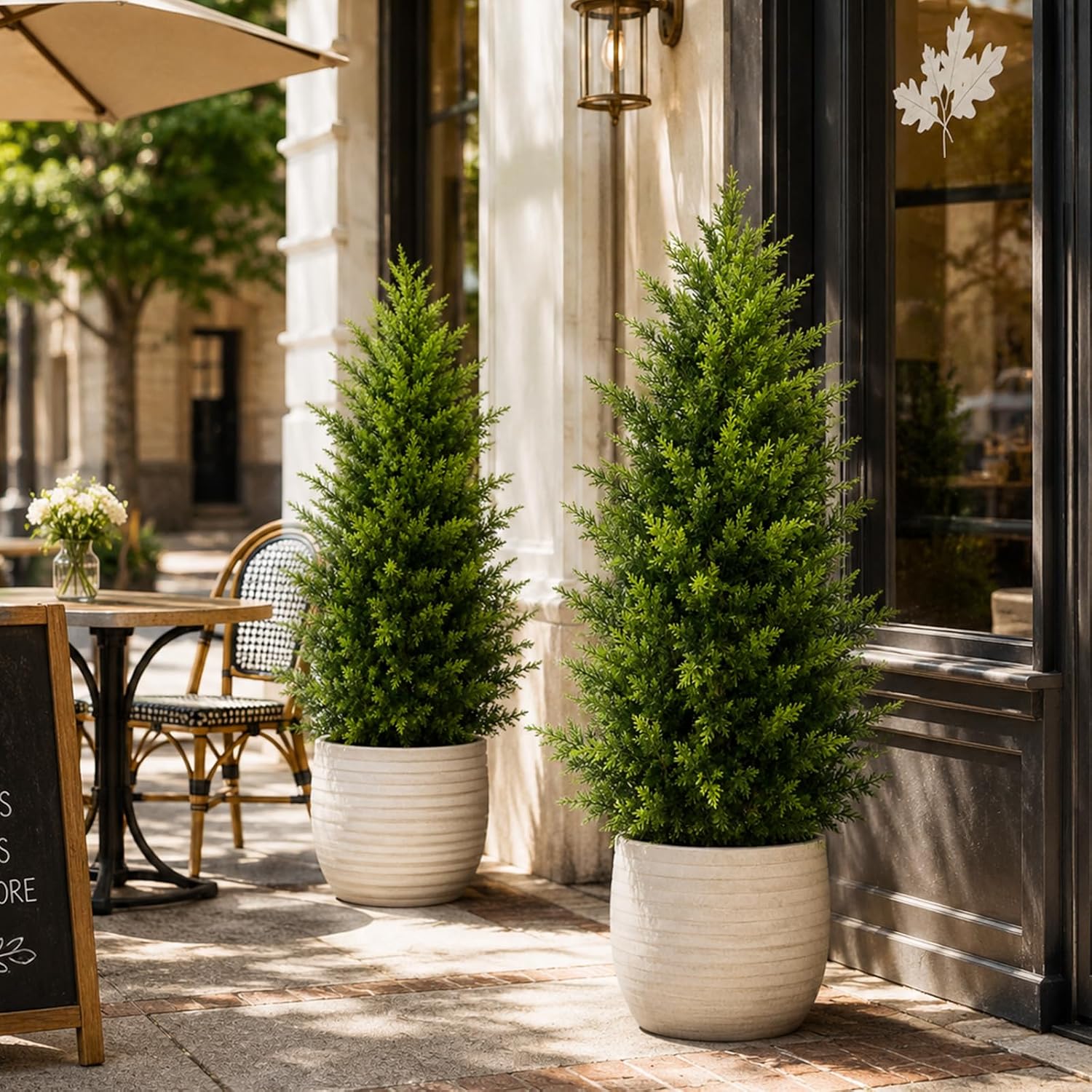 4FT Artificial Topiary Cedar Trees Outdoor, Realistic Faux Pine Shrubs Plants, UV Resistant Fake Evergreen Plants for Front Porch Decor, Artificial Bushes Cypress for Home Offices, Set of 2
