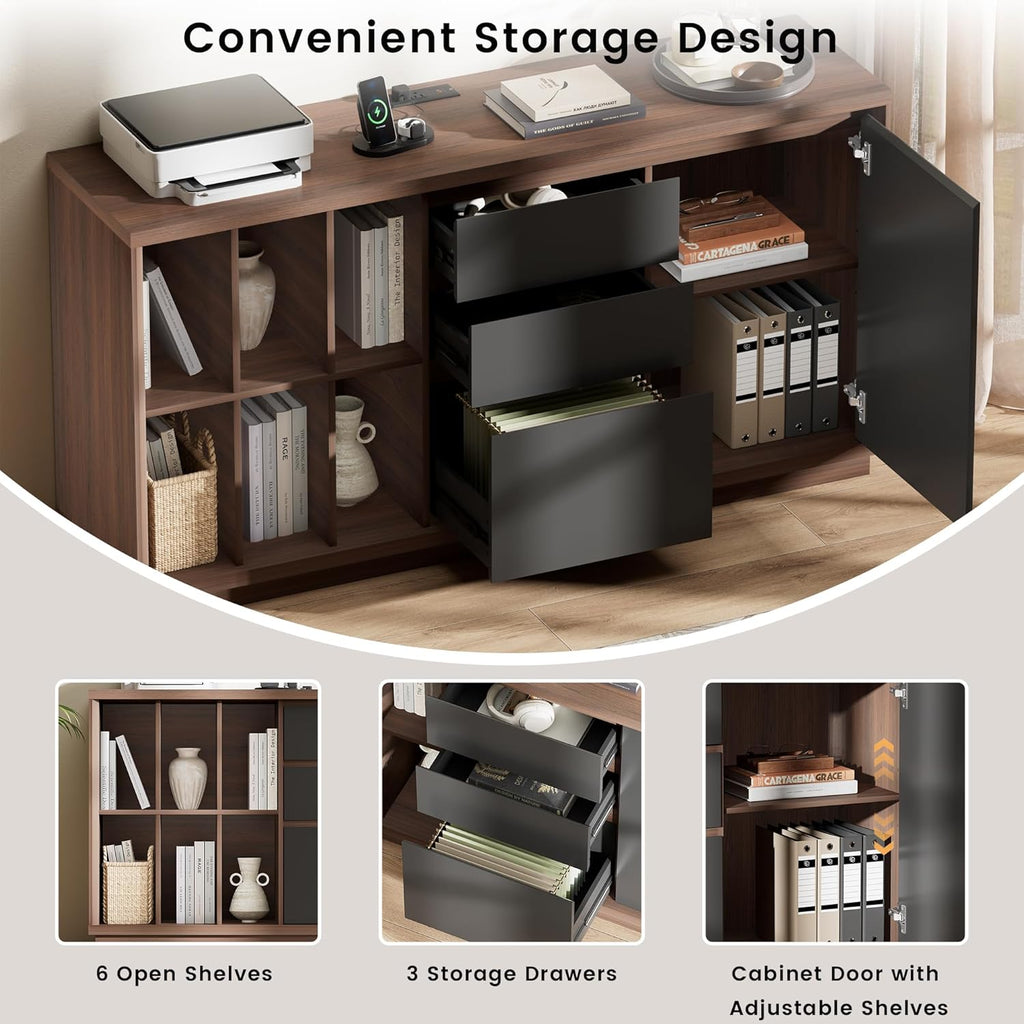 ModernMate File Cabinet with 3 Drawers and Door, Office Storage Cabinet with Charging Station, Home Office Printer Stand Fits Letter/A4 Size, 6 Open Cubes Storage, Adjustable Shelf, Black Walnut