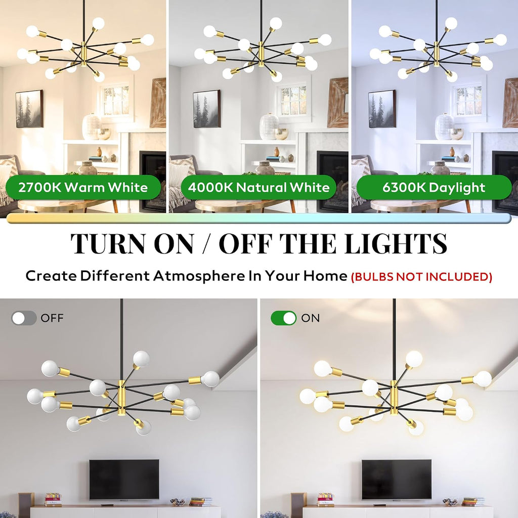 Sputnik Chandelier 12-Light, Mid Century Modern Height Adjustable Ceiling Light Fixture for Dining Room, Kitchen Island, Living Room,Bedroom-Black and Gold