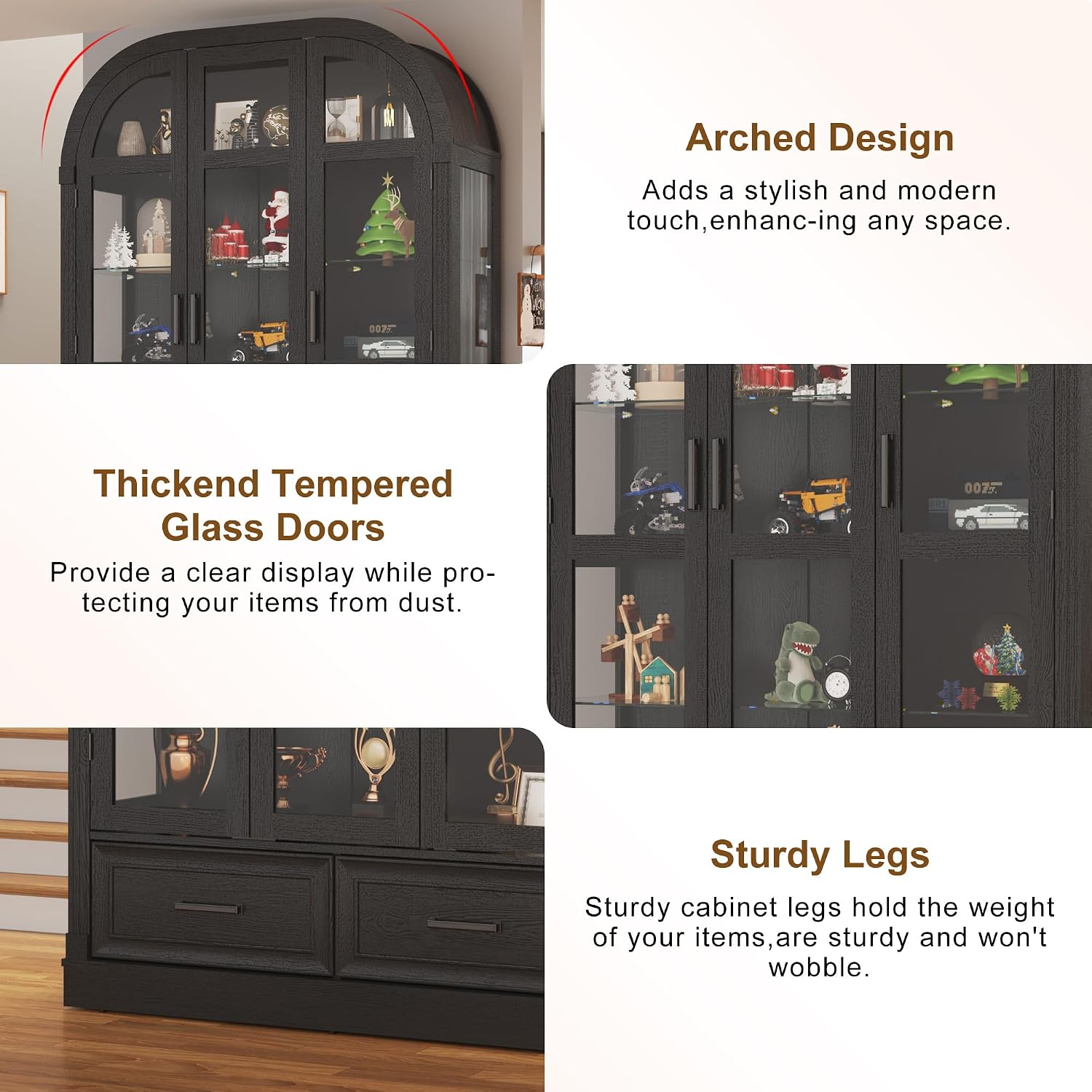 Arched Display Cabinet with 3 Glass Doors,5-Tier Curio Cabinet W/3 Color Lights for Collectibles,78'' Tall Curio Cabinet W/2 Drawers,Modern Display Case W/Human Body Sensor Light for Living/Game Room