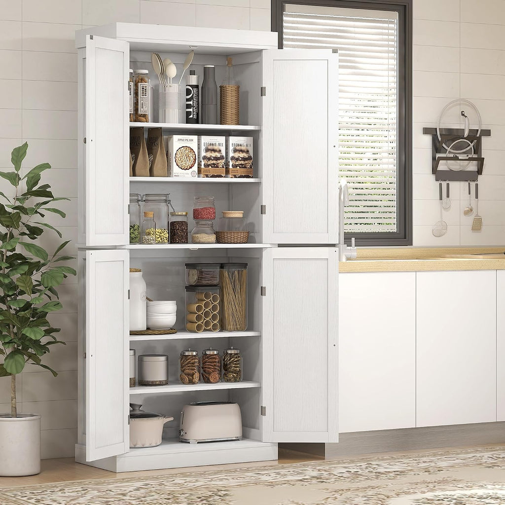 72" Tall Kitchen Pantry Storage Cabinet, 4-Door Freestanding Buffet with 2 Adjustable Shelves, Utility Cupboard Large Sideboard for Kitchen, Dining Room, White