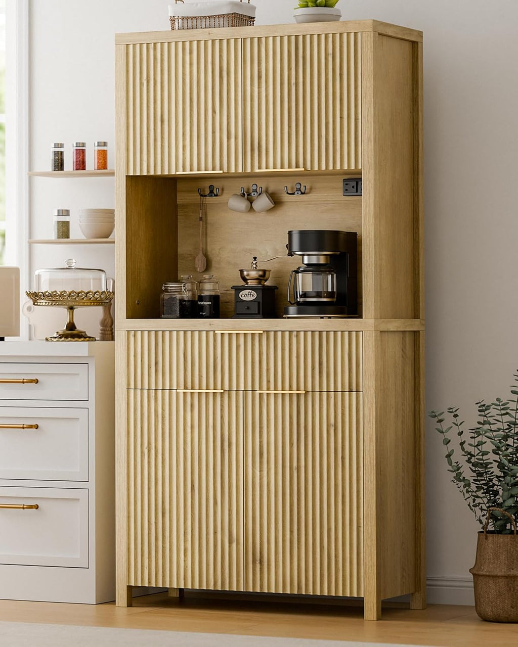 Lulive 71" Fluted Pantry Cabinet with Charging Station & Adjustable Shelves, Spacious Kitchen Storage Cabinet with Open Countertop & Drawer for Dining Room, Living Room, Natrual