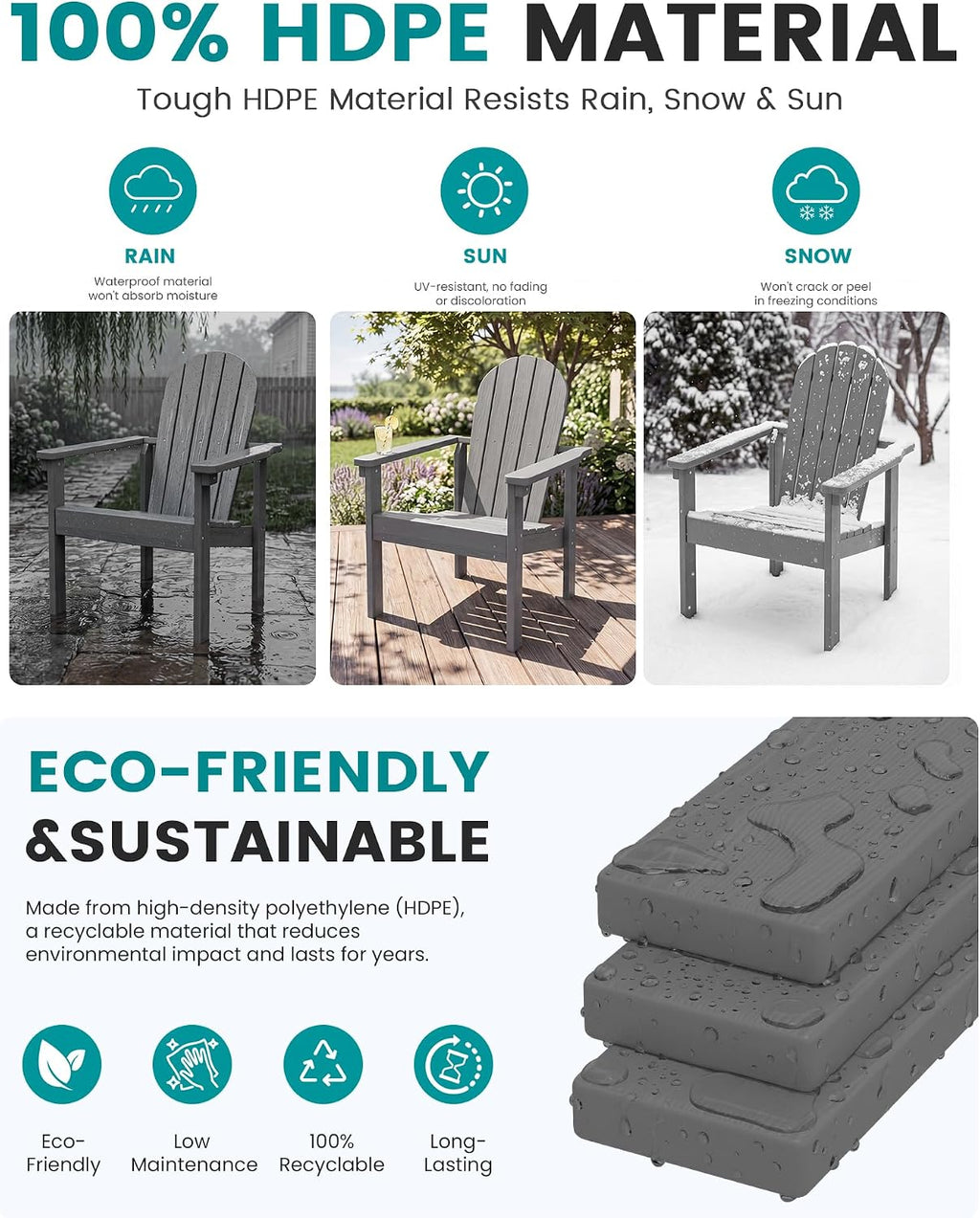 SERWALL Stackable Modern Adirondack Chairs Set of 4, HDPE Outdoor Patio Chairs with Space-Saving Design, All-Weather Fire Pit Chairs with Widened Seat for Deck, Backyard, Garden, Lawn (Grey)
