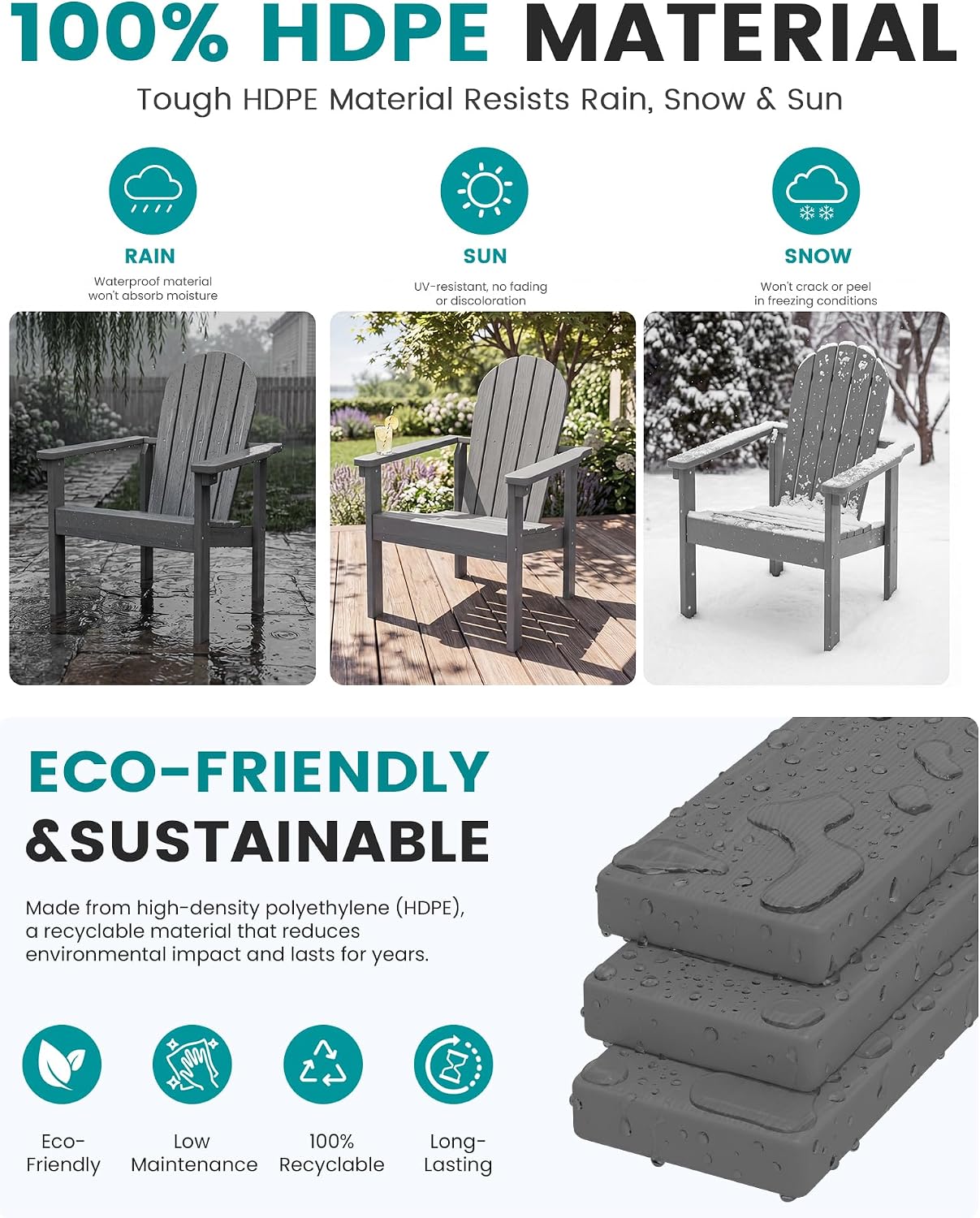 SERWALL Stackable Modern Adirondack Chairs Set of 4, HDPE Outdoor Patio Chairs with Space-Saving Design, All-Weather Fire Pit Chairs with Widened Seat for Deck, Backyard, Garden, Lawn (Grey)