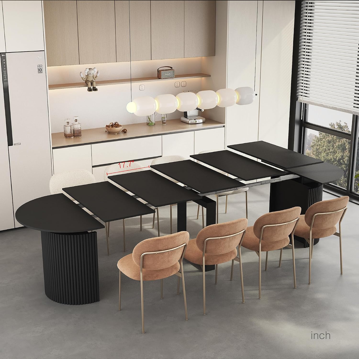 44"-132" Long Round Extendable Dining Table for 4-12, Farmhouse Oval Expandable Dinner Kitchen Table with Fluted Base, Space Saving Mid Century Modern Dining Room Tables for Dining Living Room,Black