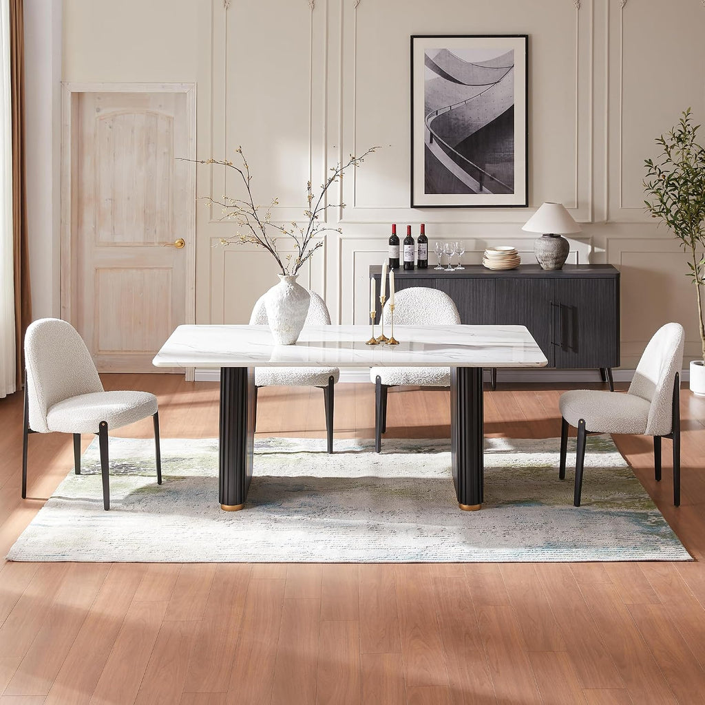 Morden Fort Boucle Dining Chairs Set of 4, Thick Upholstered Chairs with Metal Legs & Curved Backrest, Post Modern Minimalist Chair for Dining Room, Kitchen, Living Room, Bedroom, Apartments, White
