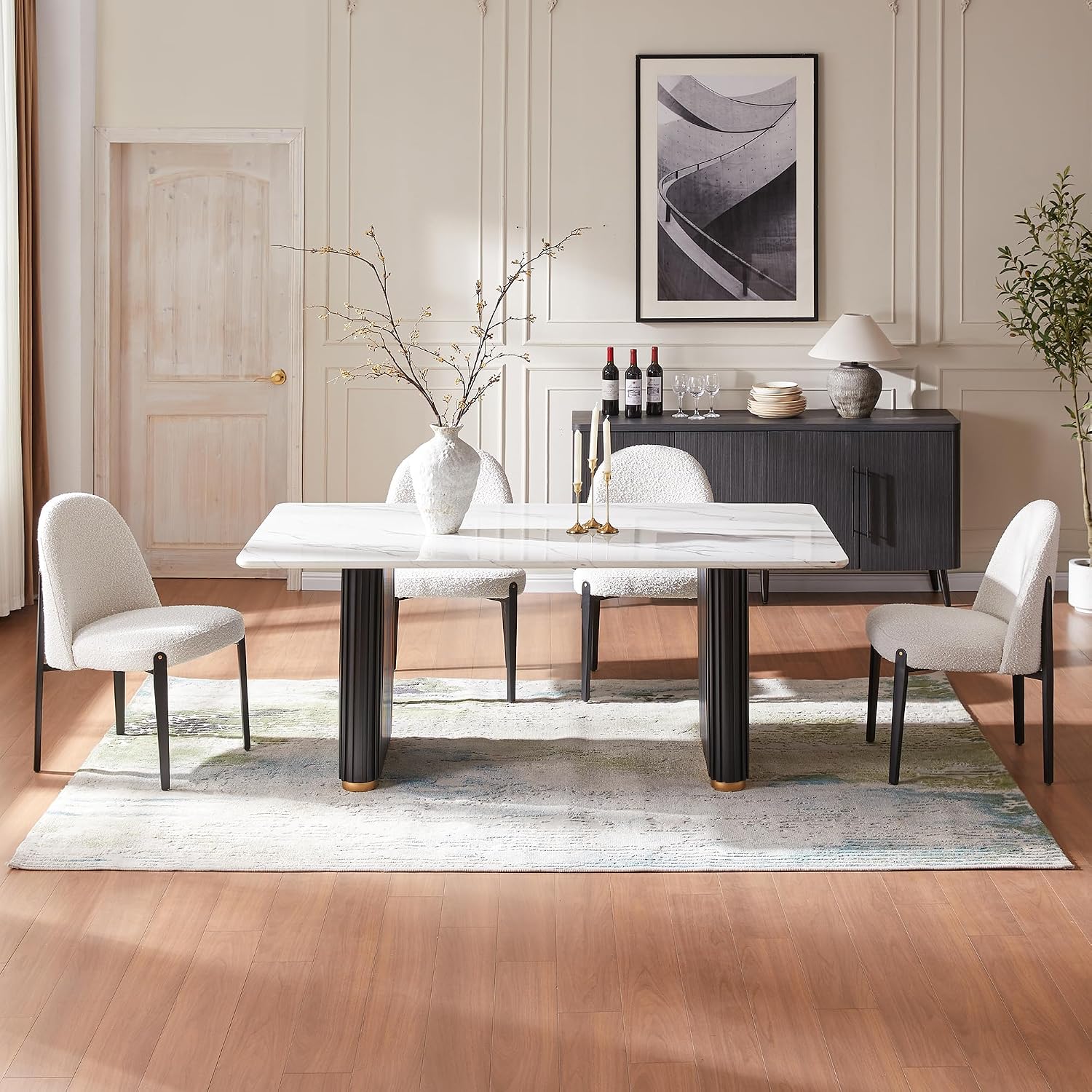 Morden Fort Boucle Dining Chairs Set of 4, Thick Upholstered Chairs with Metal Legs & Curved Backrest, Post Modern Minimalist Chair for Dining Room, Kitchen, Living Room, Bedroom, Apartments, White