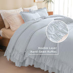 Queen's House Light Blue Ruffled Comforter Set Queen Size, Lightweight Microfiber Inner Fill Fluffy Country Rustic Coquette Bedding