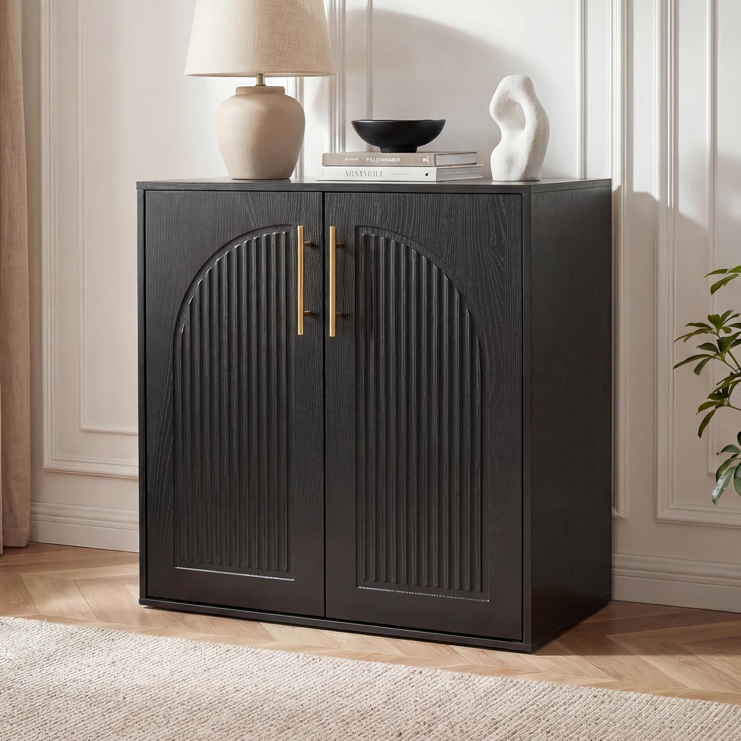 Fluted Sideboard Buffet Cabinet with Storage, Arched Doors & Adjustable Shelves, Modern Accent Credenza, Anti-Tip Console Cabinet for Living Room, Entryway, Hallway & Kitchen, Black