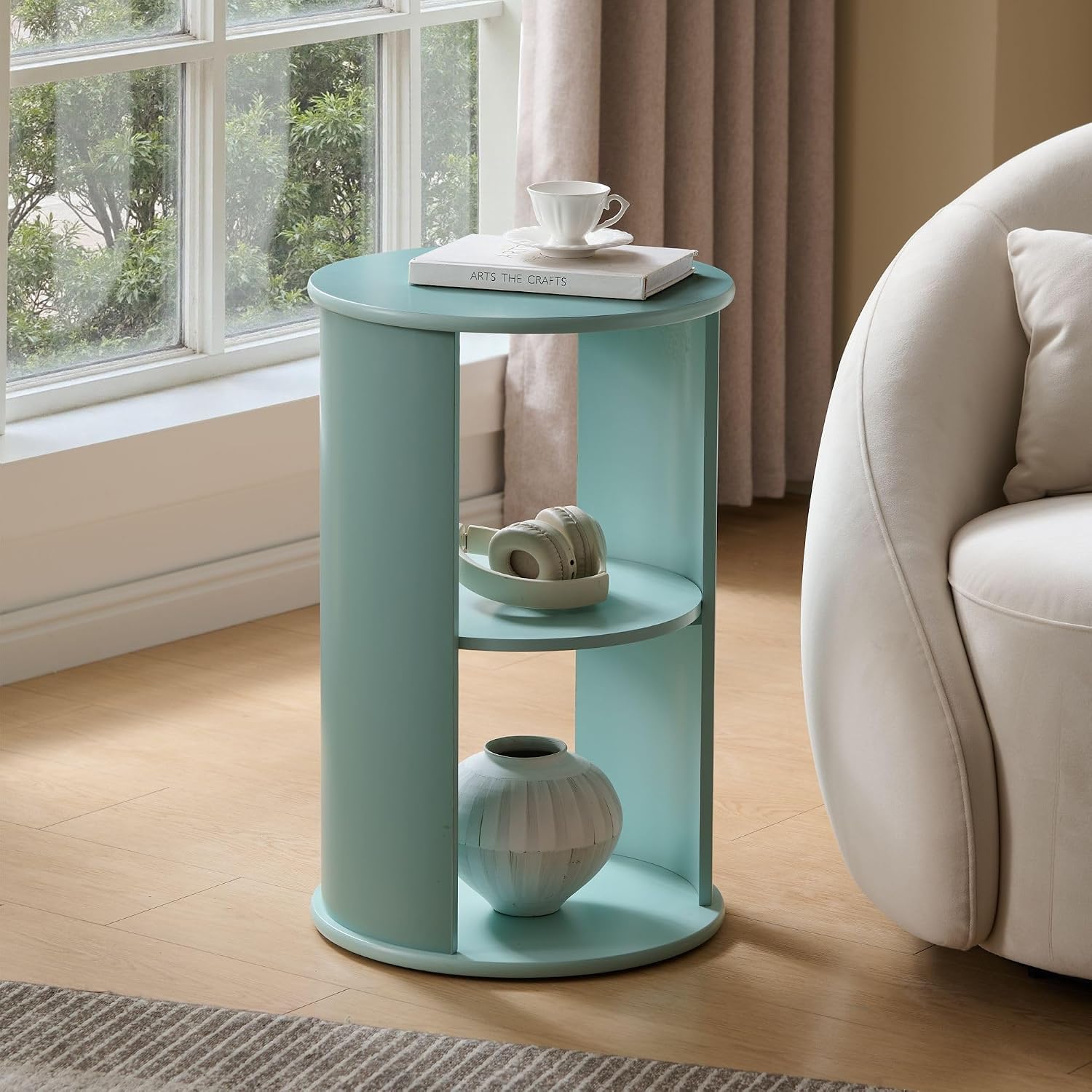 Kings Brand Furniture Round 3-Tier Accent Side Table with Storage Shelves, Wooden End Table Bedside Table for Living Room or Bedroom (Glacier)