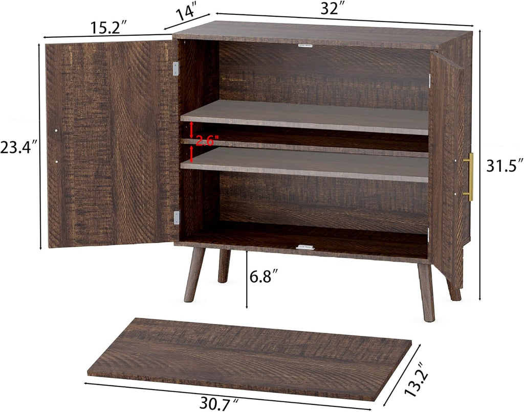 Sideboard Buffet Cabinet with Storage, Elegant Wood Accent Cabinet with Line Groove Design, Freestanding Storage Cabinet with Adjustable Shelves for Living Room, Kitchen, Entryway, Walnut