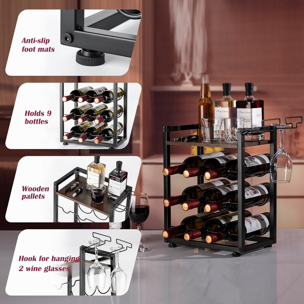 Wooden Countertop Wine Rack with Tray, Freestanding Wine Bottle Holder for 9 Bottles & 2 Glasses, Rustic Wine Stand for Home, Bar, Kitchen, Wine Cellar