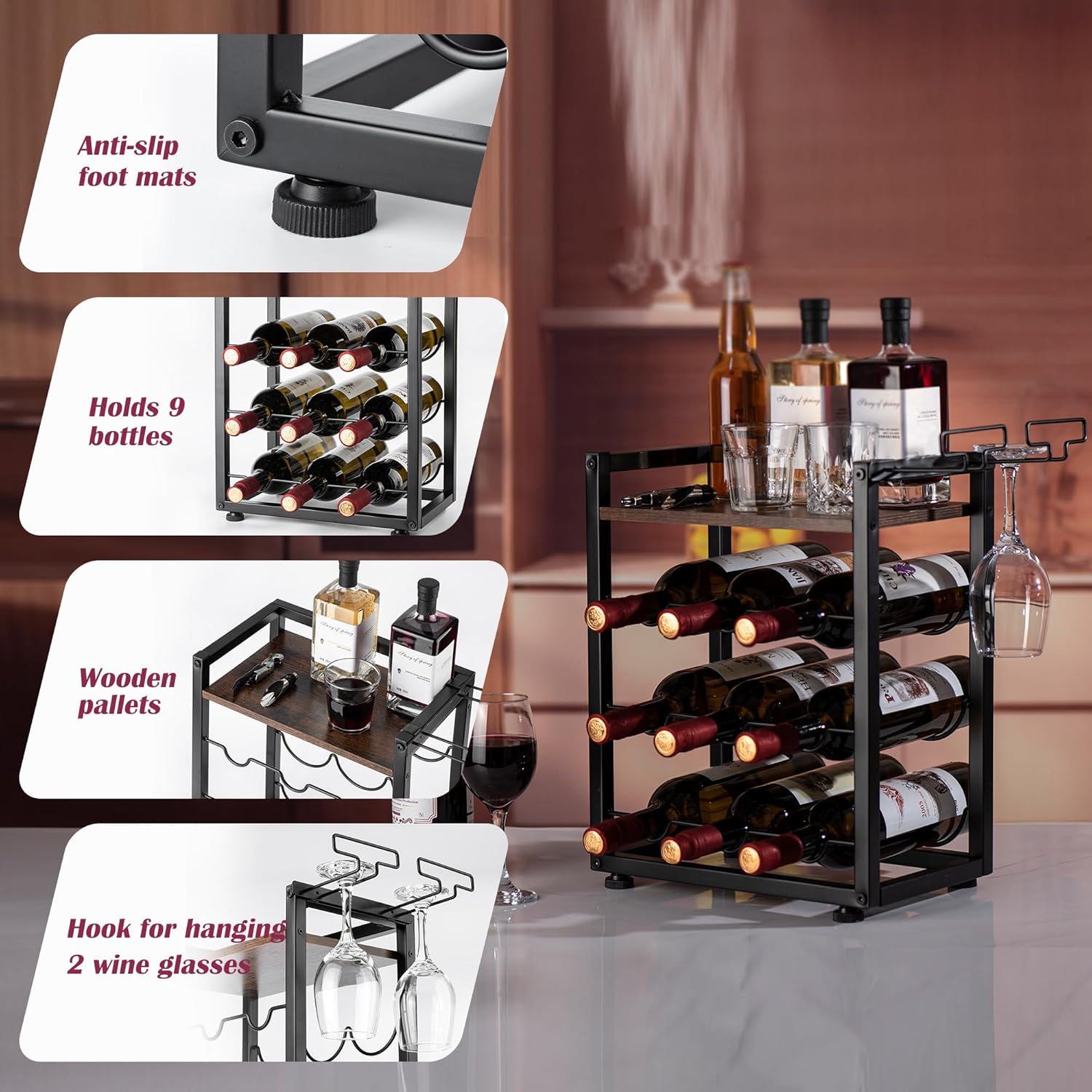 Wooden Countertop Wine Rack with Tray, Freestanding Wine Bottle Holder for 9 Bottles & 2 Glasses, Rustic Wine Stand for Home, Bar, Kitchen, Wine Cellar