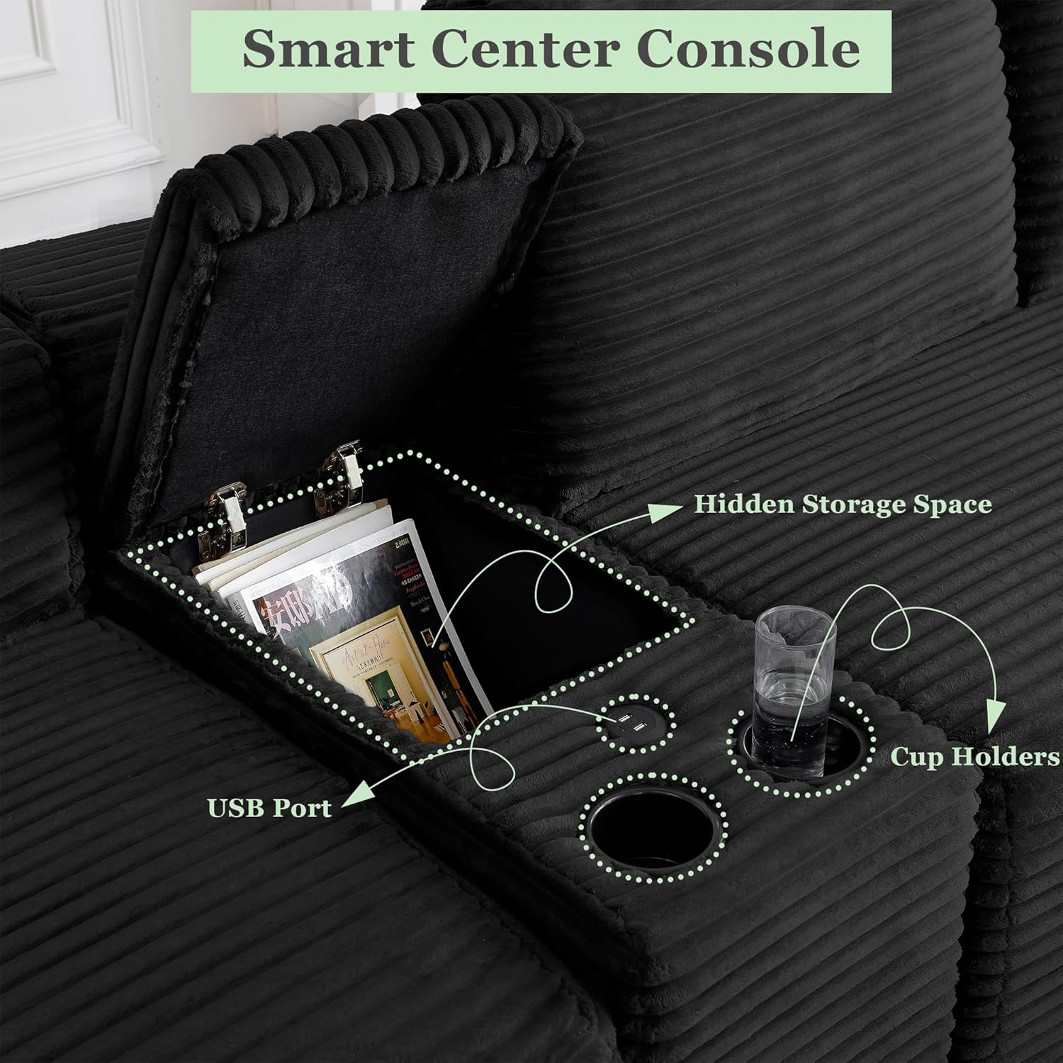 125" Oversized Sectional Couches for Living Room, Modern Boneless Cloud Couch with Ottoman,USB Port&Cup Holders, Comfy Corduroy Modular Sectional U Shape Sofa Couch for Apartment,Black Couch in a Box