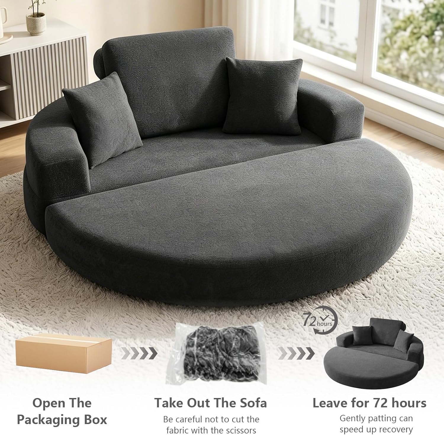 79" Foldable 2-in-1 Oversized Round Chaise Lounge,Chenille Fabric Reading Nook Chair with Ottoman,Boneless Chair with 2 Throw Pillows,Couch Chair Suitable for Living Room, Bedroom,No Assembly(Gray)