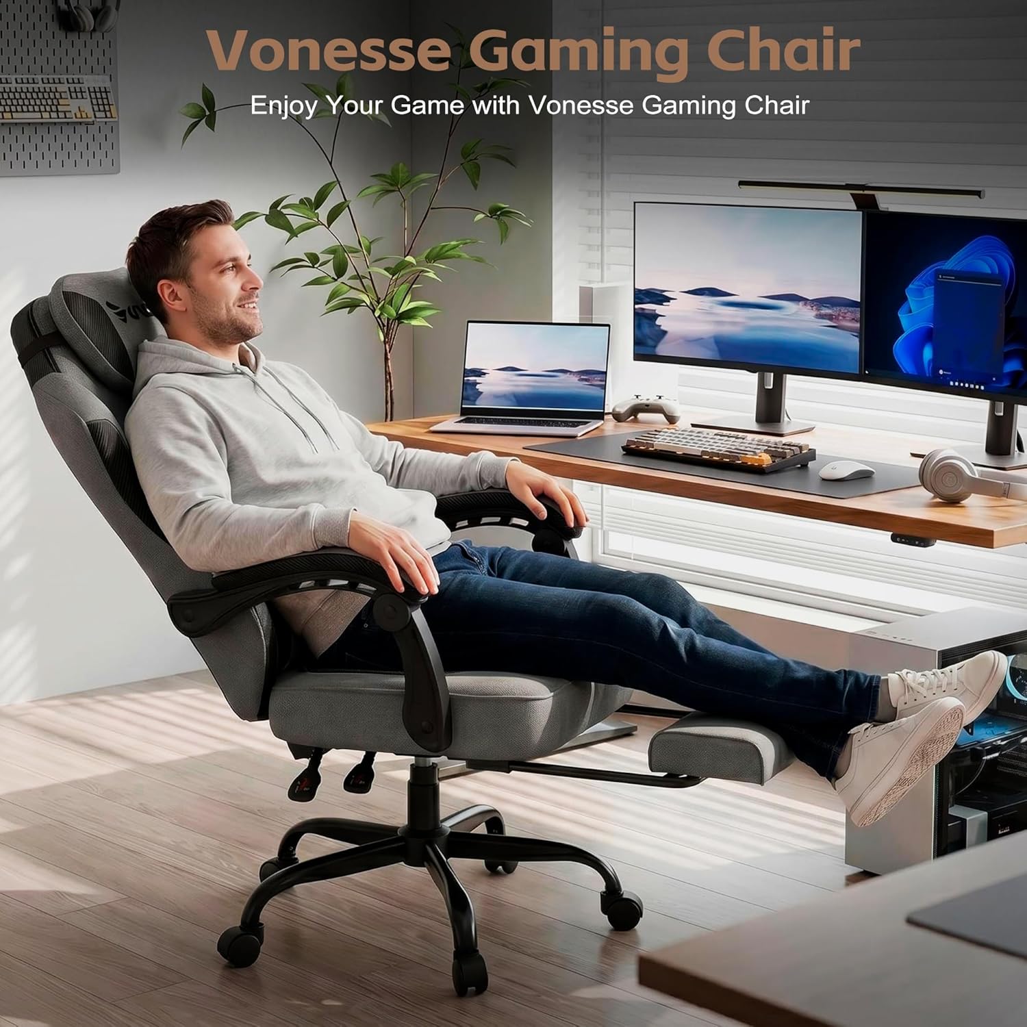 Vonesse Gaming Chair, Office Chair with Linen Breathable Mesh Fabric, Desk Chair with Adjustable Lumbar Support, Executive Computer Chairs with Footrest and Headrest (Gray)