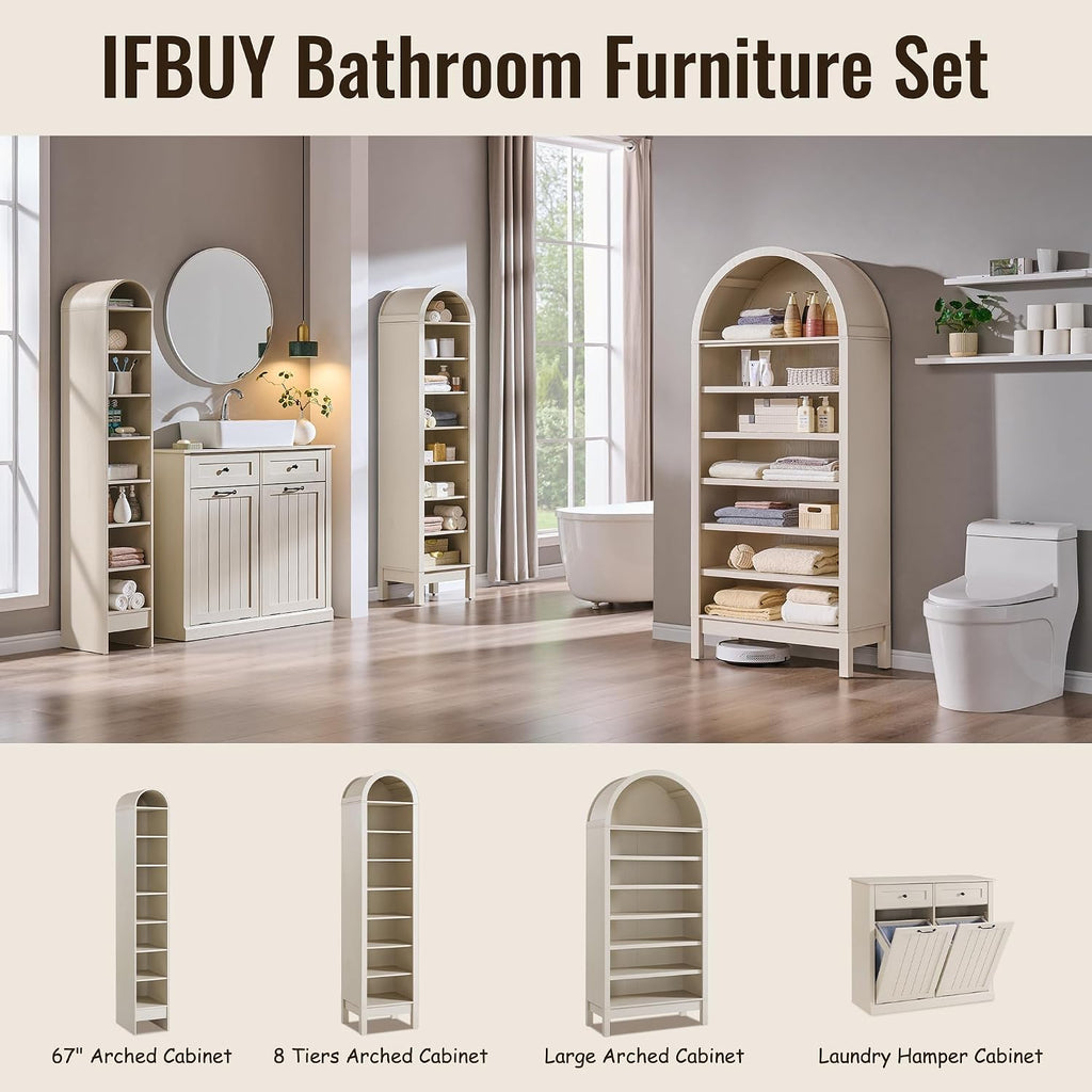 IFBUY 67" Tall Arched Bathroom Storage Cabinet, 8-Tier Modern Farmhouse Storage Cabinet with Adjustable Shelves, Wood Freestanding Cabinet for Bathroom, Living Room, Entryway, Hallway (Cream)