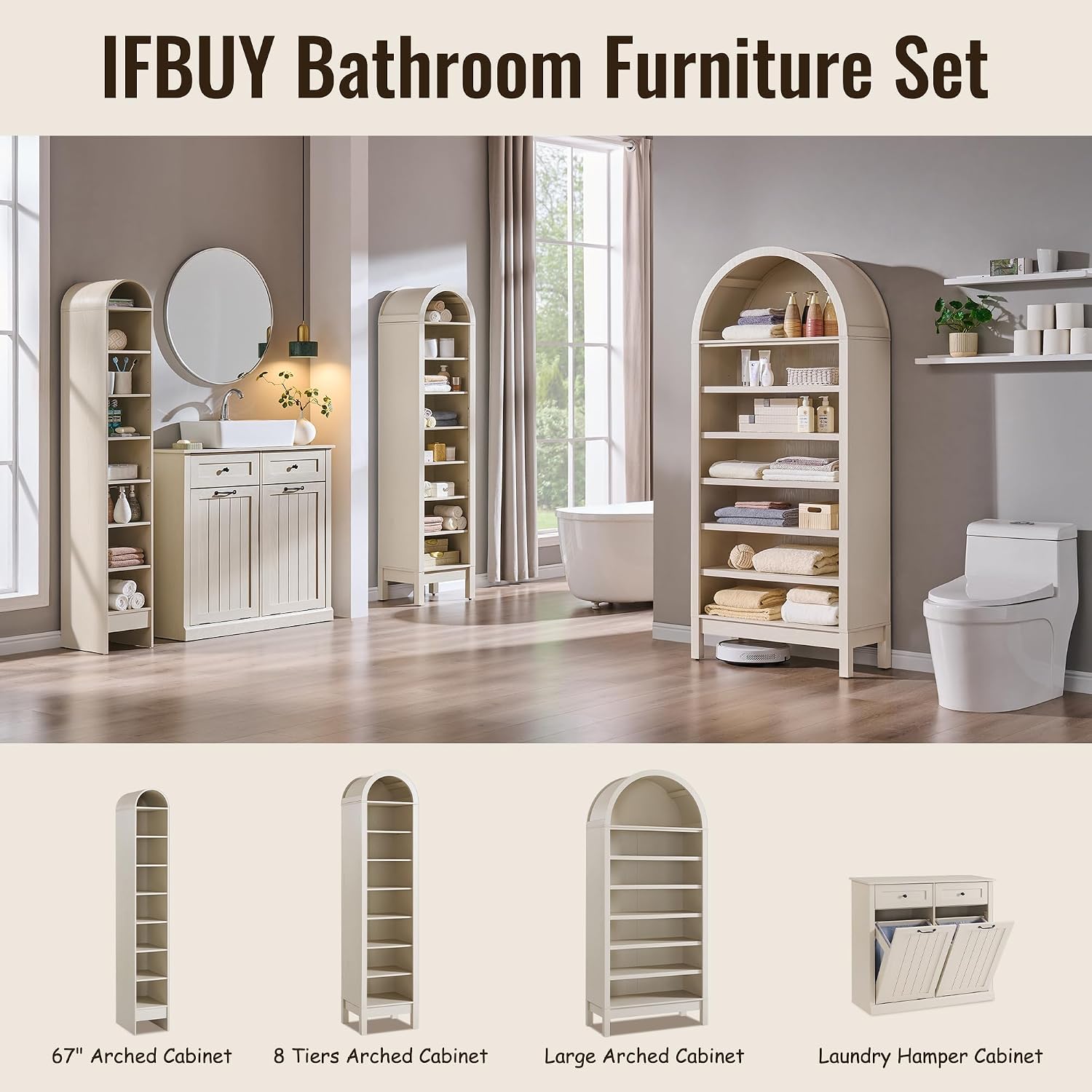 IFBUY 67" Tall Arched Bathroom Storage Cabinet, 8-Tier Modern Farmhouse Storage Cabinet with Adjustable Shelves, Wood Freestanding Cabinet for Bathroom, Living Room, Entryway, Hallway (Cream)