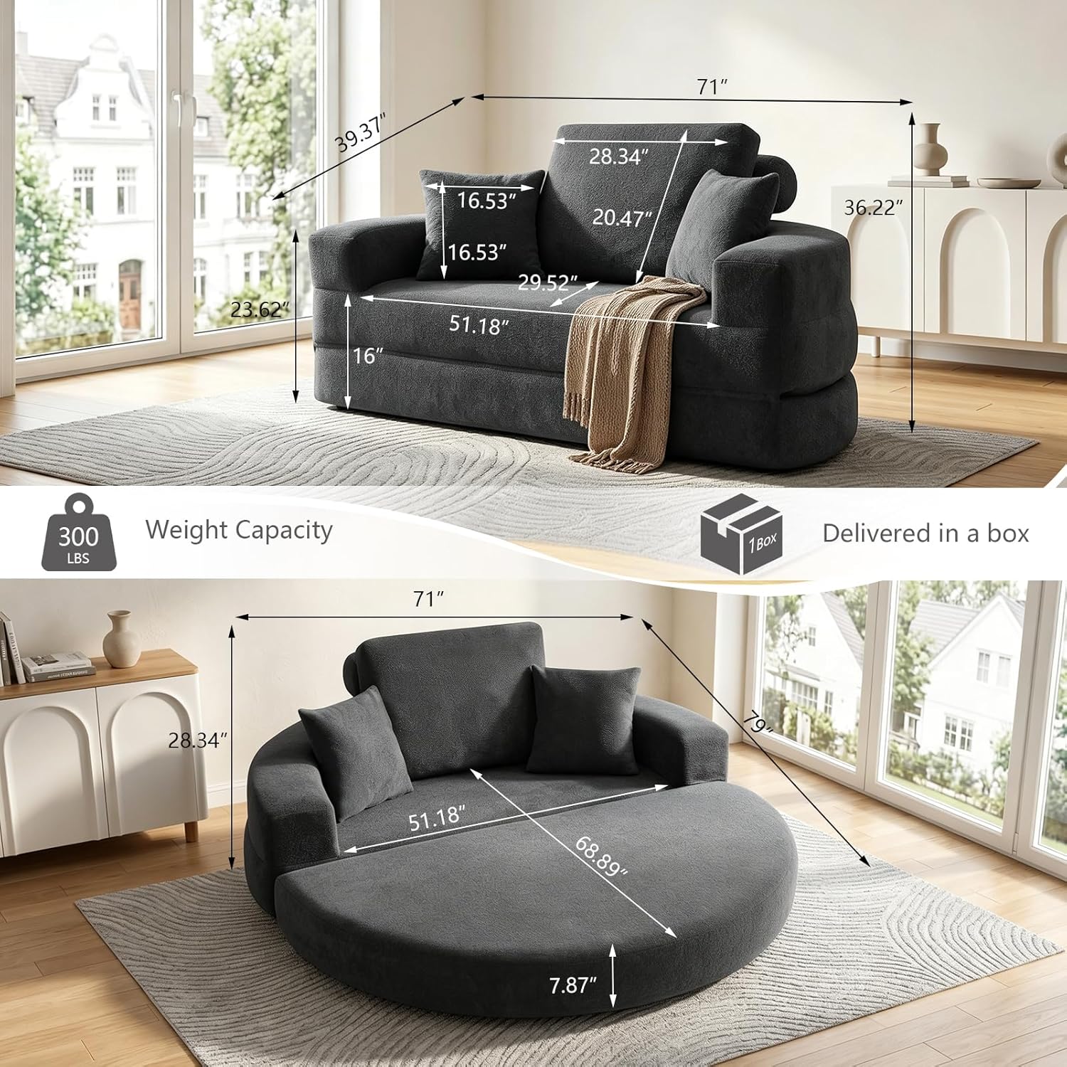 79" Foldable 2-in-1 Oversized Round Chaise Lounge,Chenille Fabric Reading Nook Chair with Ottoman,Boneless Chair with 2 Throw Pillows,Couch Chair Suitable for Living Room, Bedroom,No Assembly(Gray)