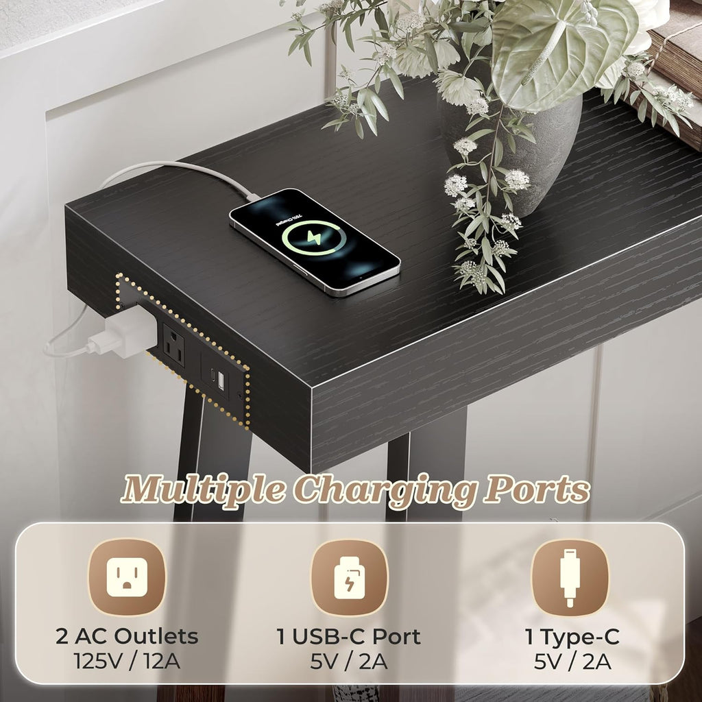 Huuger Entryway Console Table with Charging Station, USB-C Port, 39.4 Inch Sofa Table with Metal Legs, Entry Hallway Table with Thicker Desktop, Modern Behind Couch Table, Black