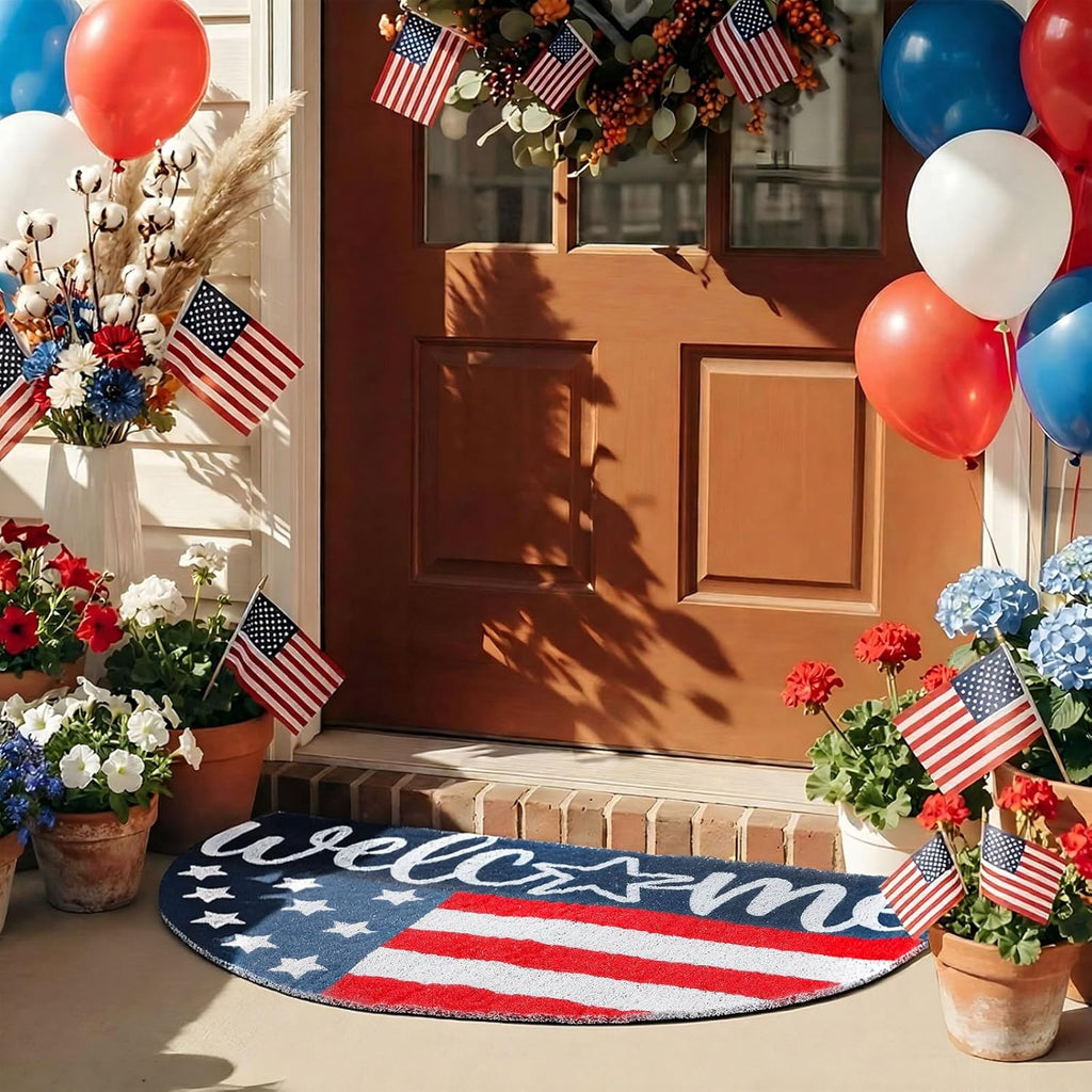 Tinideya Patriotic Welcome Doormat Outdoor 250 Anniversary 4th of July Coir Door Mat USA Red Blue White Indoor Entrance Door Mat America Non-Slip Rubber Backing for Independence Day Front Porch Decor