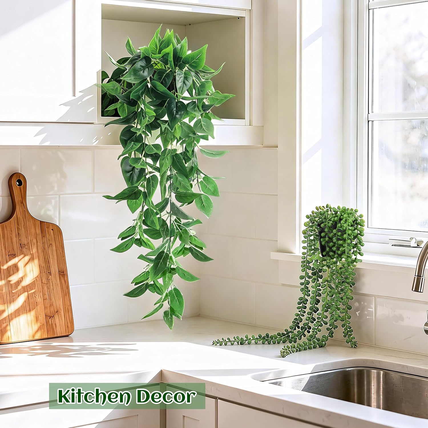 Der Rose 4Pcs Fake Plants Hanging Artificial Ivy Vine Faux Eucalyptus Hanging Plants, Boston Fern, String of Pearls for Living Room Aesthetic Bedroom Boho Kitche Wall Shelf Indoor Outdoor Decor