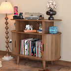 LUVIOHOME Large Round Record Player Stand with Charging Station & USB Ports，Record Storage Cabinet, Mid Century Modern Turntable Stand for Bedroom Living Room (Small Brown)