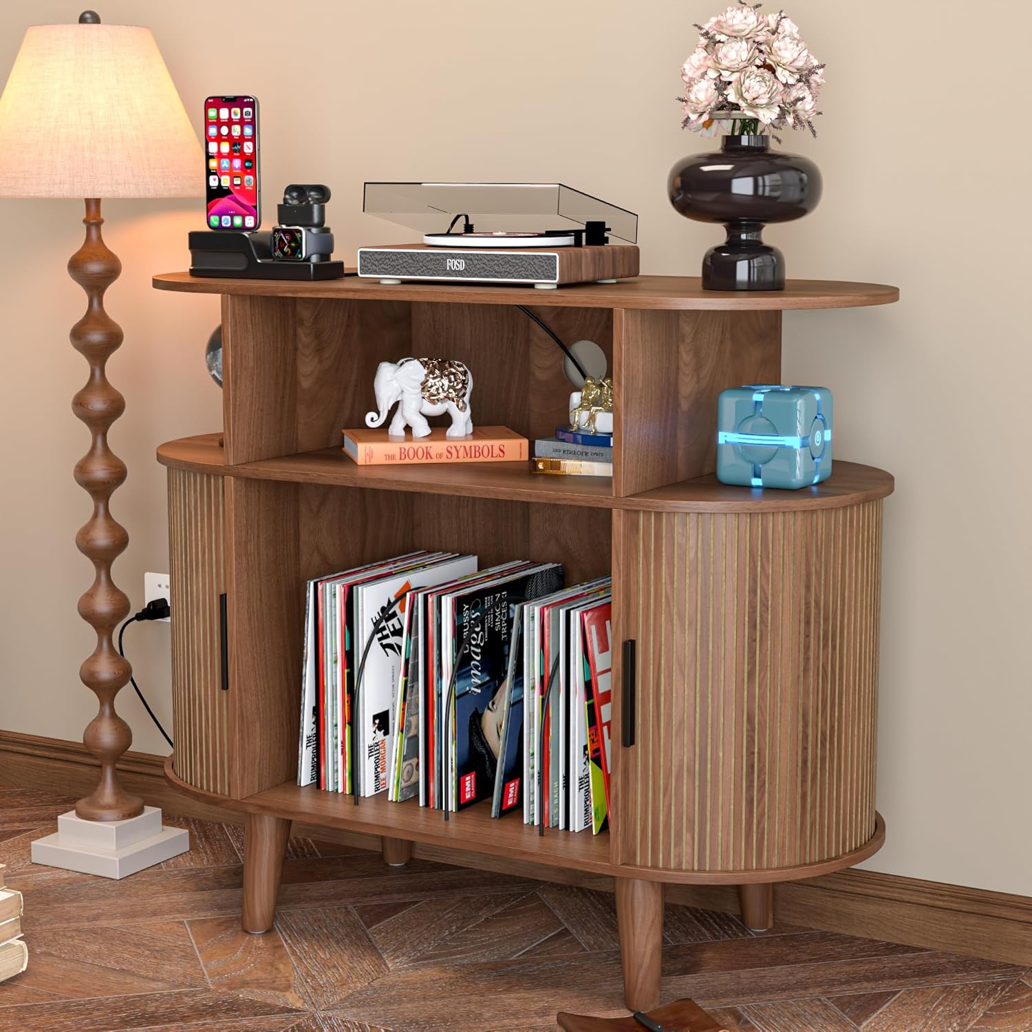 LUVIOHOME Large Round Record Player Stand with Charging Station & USB Ports，Record Storage Cabinet, Mid Century Modern Turntable Stand for Bedroom Living Room (Small Brown)