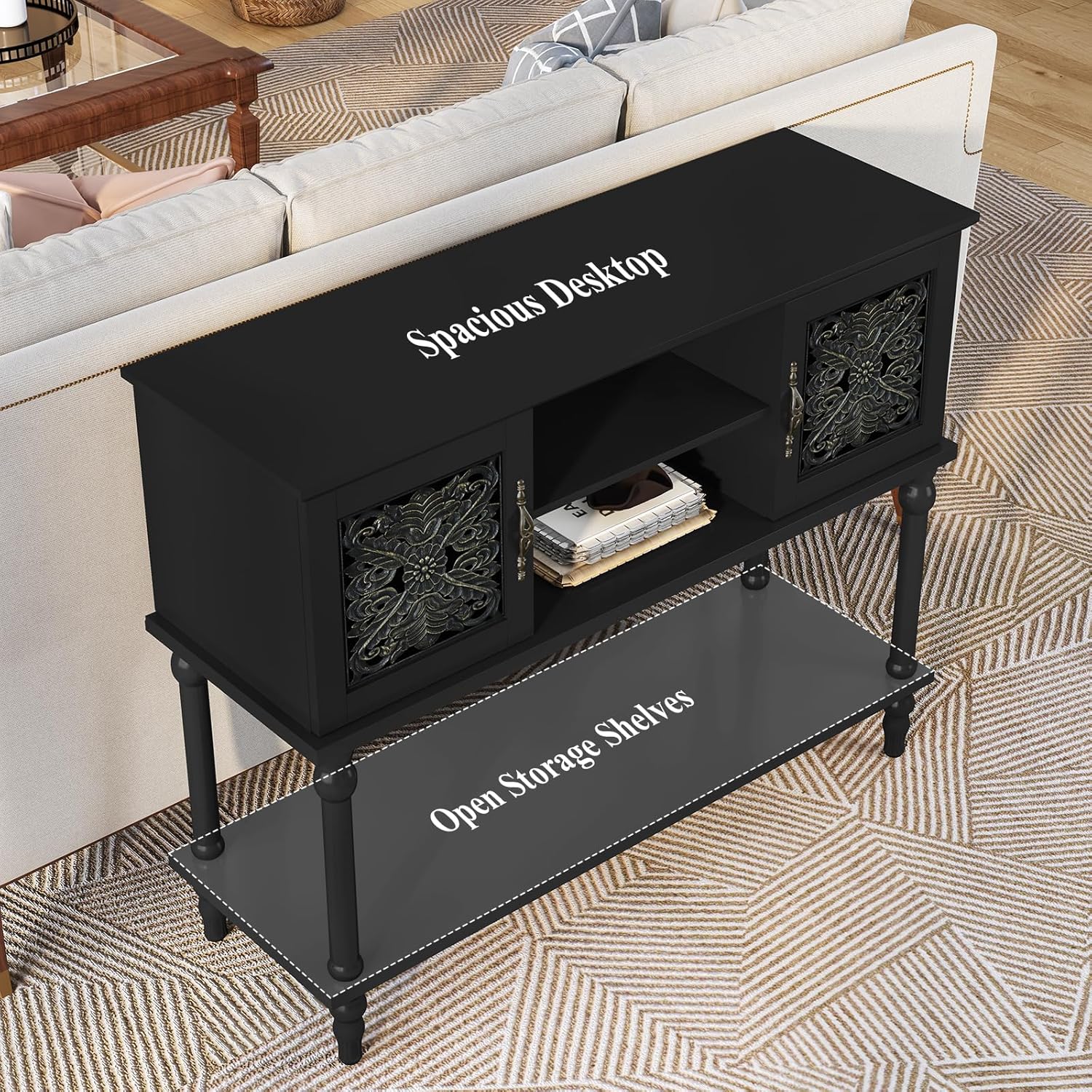 ARTPOWER Vintage Console Table with Hand-Carved Doors, 42" Narrow Entryway Table with Storage, Retro Sofa Table with Open Storage Shelf, Console Tables for Entryway, Hallway, Foyer, Living Room, Black