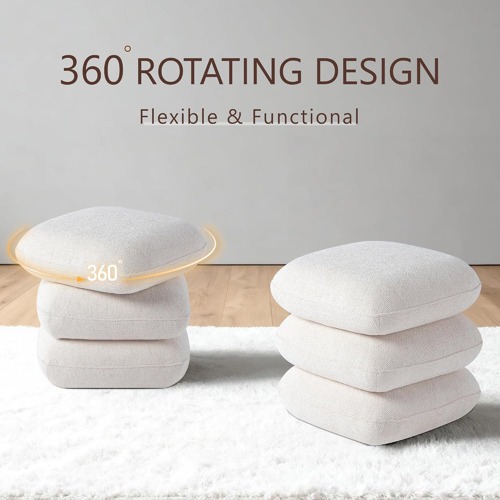 Get Set Style 360° Swivel Linen Ottoman, Modern Upholstered Foot Stool, Multifunctional Vanity Chair Accent Stool for Small Space, Living Room, Bedroom, Entryway, Warm Ivory