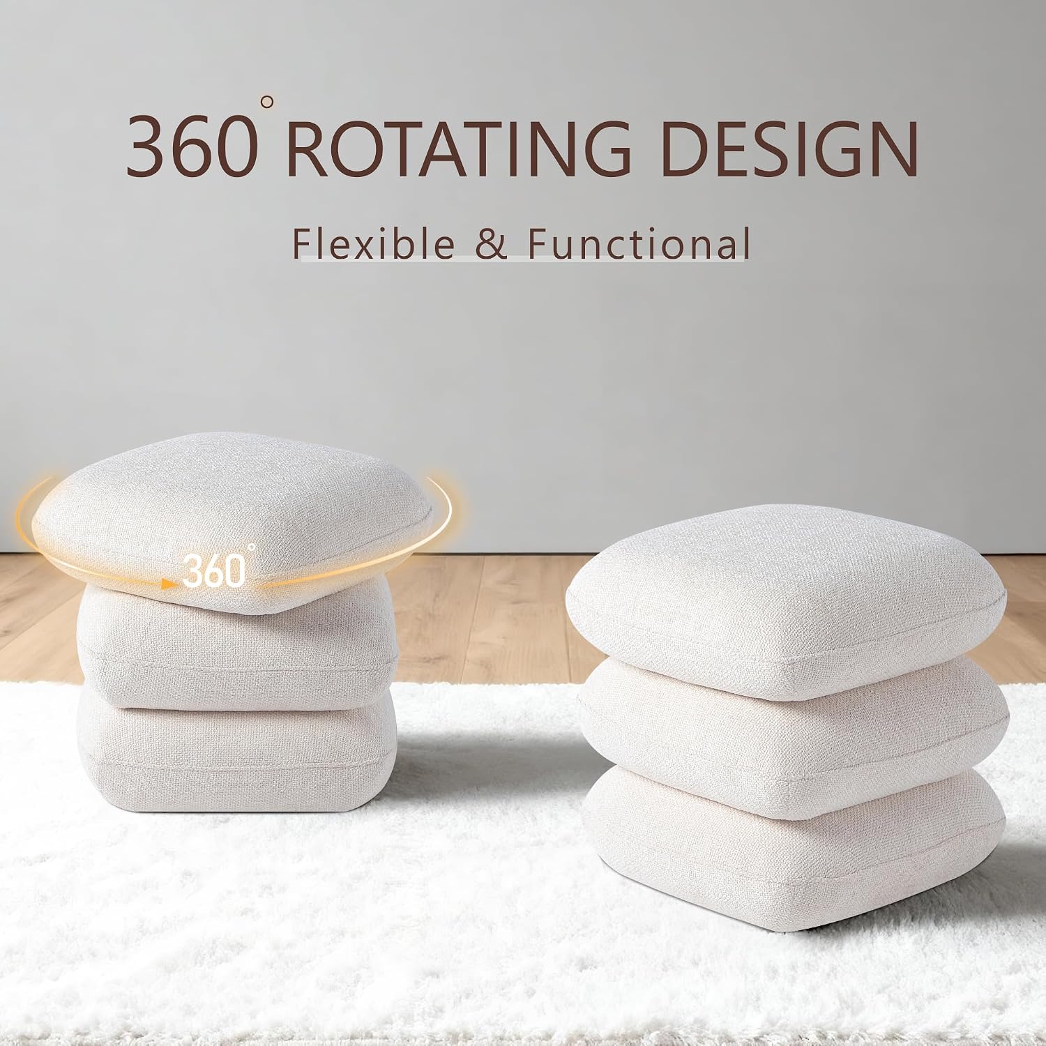 Get Set Style 360° Swivel Linen Ottoman, Modern Upholstered Foot Stool, Multifunctional Vanity Chair Accent Stool for Small Space, Living Room, Bedroom, Entryway, Warm Ivory