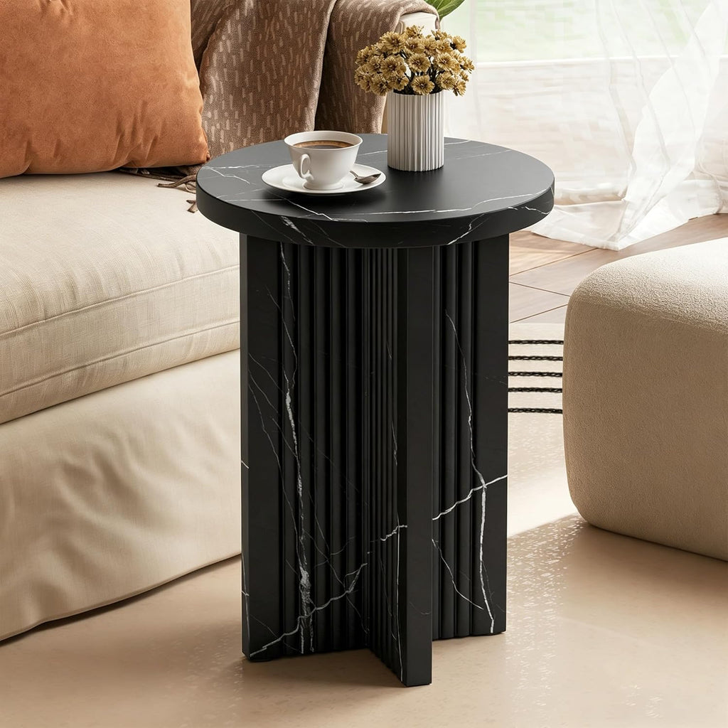 LEVNARY 15.7" Round Side Table with Marble-Look Top, Modern End Table with Scalloped Fluted Base, Small Circular Accent Table with Adjustable Feet for Living Room Bedroom (Black)