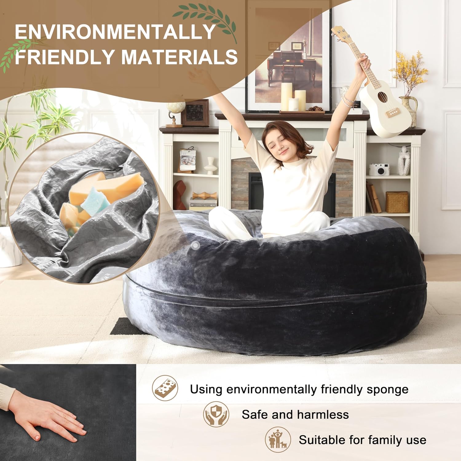 Bean Bag Chair for Adults Soft Comfy Bean Bag for Adults, Cozy Reading Chair, Large Round Bean Bag Couch, Versatile Living Room & Bedroom Chairs (Grey, 5FT)