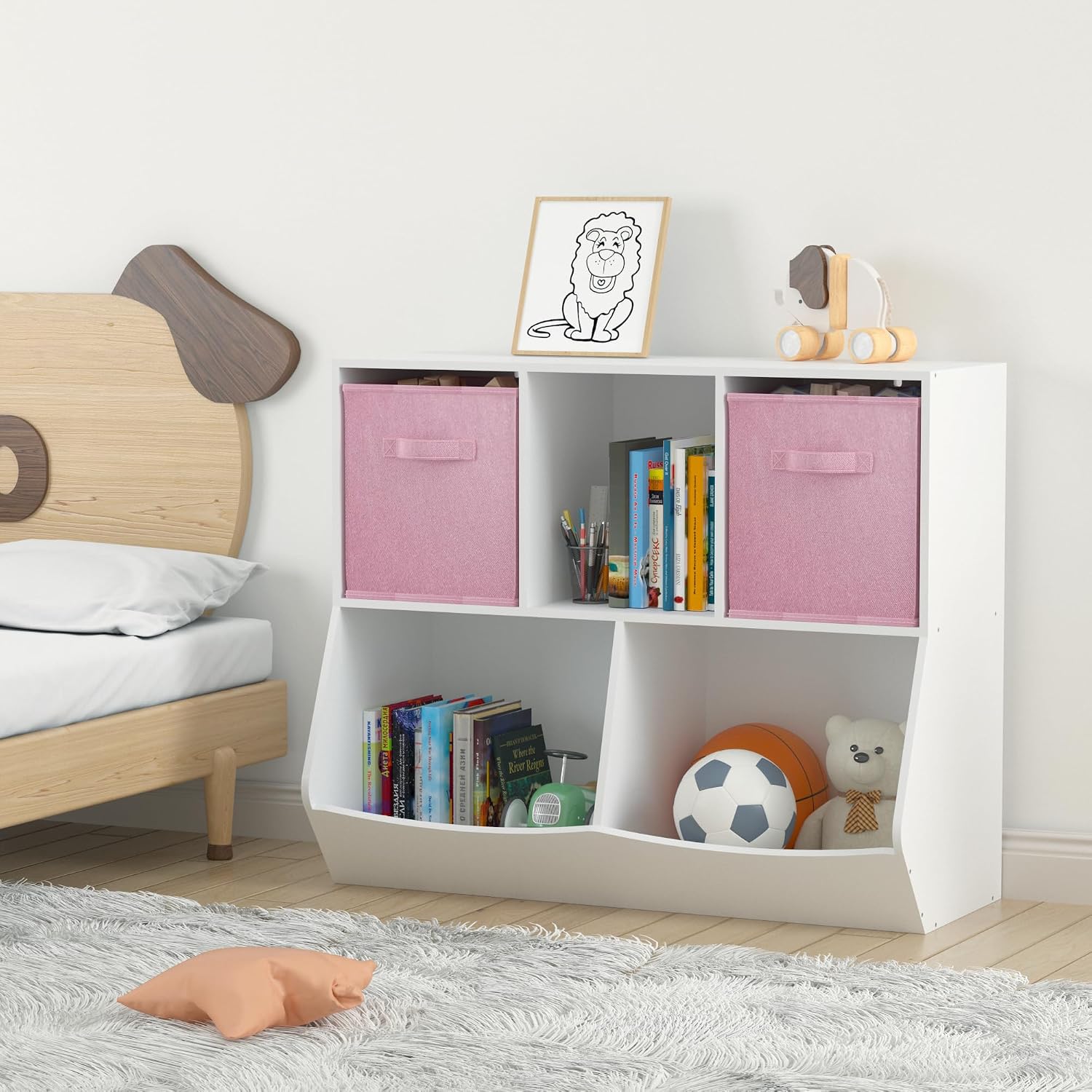 Bookcase with Collapsible Fabric Drawers, Toy Storage Cabinet for Playroom, Bedroom, Nursery, School, White,Pink