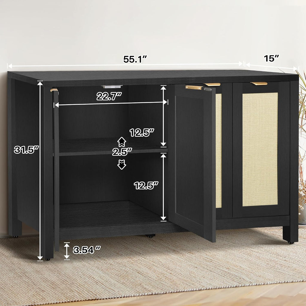Rattan Sideboard Buffet Credenza Cabinet - Large Farmhouse Kitchen Coffee Bar Cabinet with 4 Rattan Door Storage for Entryway Living Room, 55" x 15" x 31.5" (Black)
