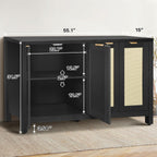 Rattan Sideboard Buffet Credenza Cabinet - Large Farmhouse Kitchen Coffee Bar Cabinet with 4 Rattan Door Storage for Entryway Living Room, 55" x 15" x 31.5" (Black)