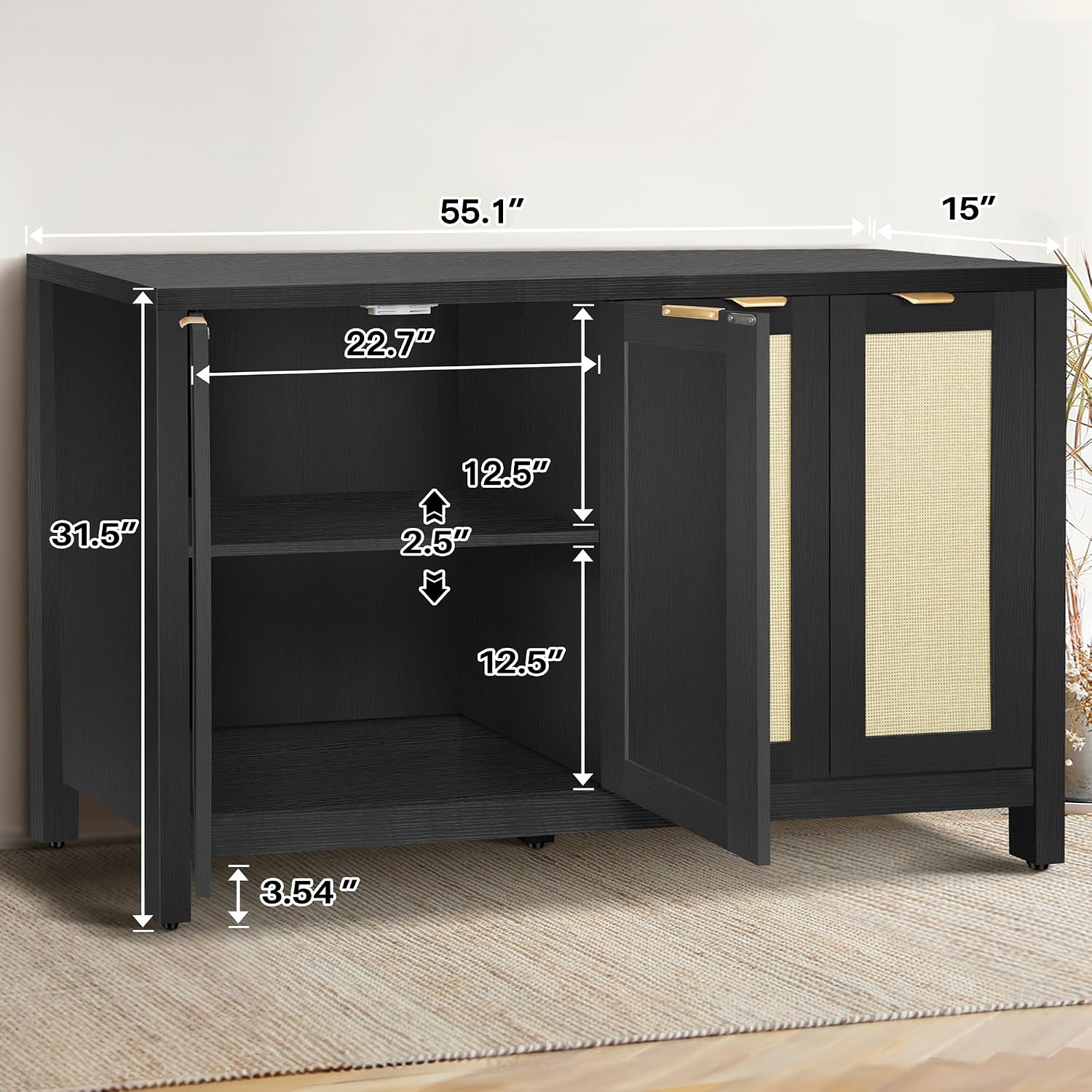 Rattan Sideboard Buffet Credenza Cabinet - Large Farmhouse Kitchen Coffee Bar Cabinet with 4 Rattan Door Storage for Entryway Living Room, 55" x 15" x 31.5" (Black)