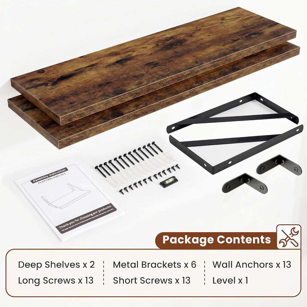 Deep Wall Shelves 36"W x 8"D Engineered Wood Floating Shelves for Wall, Sturdy Metal Bracket Bookshelves Home Decor Storage for Living Room Bedroom Bathroom Kitchen, Set of 2, Rustic Brown Finish