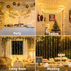 JMEXSUSS 300 LED Remote Control Curtain Lights, Plug in Fairy Curtain Lights Outdoor, Window Wall Hanging String Lights for Bedroom Indoor Dorm Backdrop Wedding Party Patio Christmas Decor, Warm White