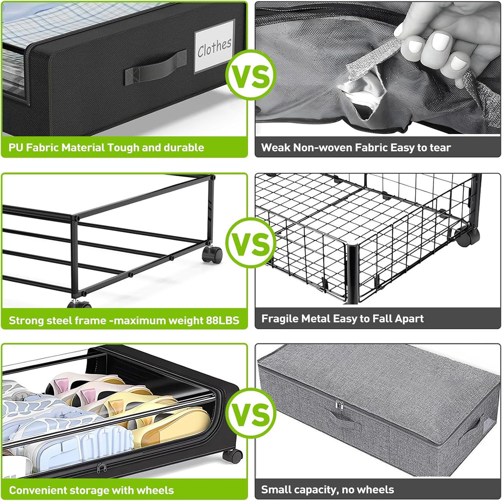 APSARAS USA Under Bed Storage with Wheels, Underbed Storage with Wheels and Clear Window, Rolling Drawers & Bins for Shoes Clothes in Dorm Bedroom, Easy Pull-out Black 2-Pack- Space-Saving
