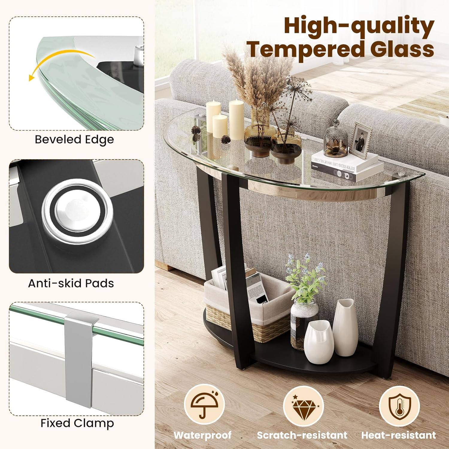 Giantex 2-Tier Glass Console Table, Half Moon Modern Entryway Table with Tempered Glass Top & Open Storage Shelf, Narrow Long Sofa Table for Living Room, Hallway, Foyer, Entrance (Black)