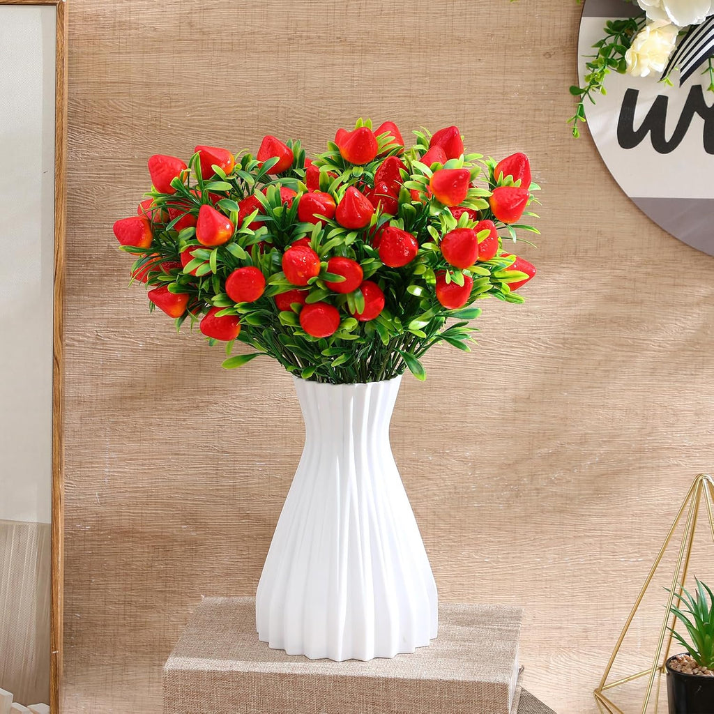 Veemoon 6 Pcs Artificial Strawberry Stems, 10.61 Inch Fake Red Berry Branches Plastic Fruit Picks, Faux Plants Floral Arrangement Centerpieces for Home Kitchen Vase Wreaths Summer Party Decor