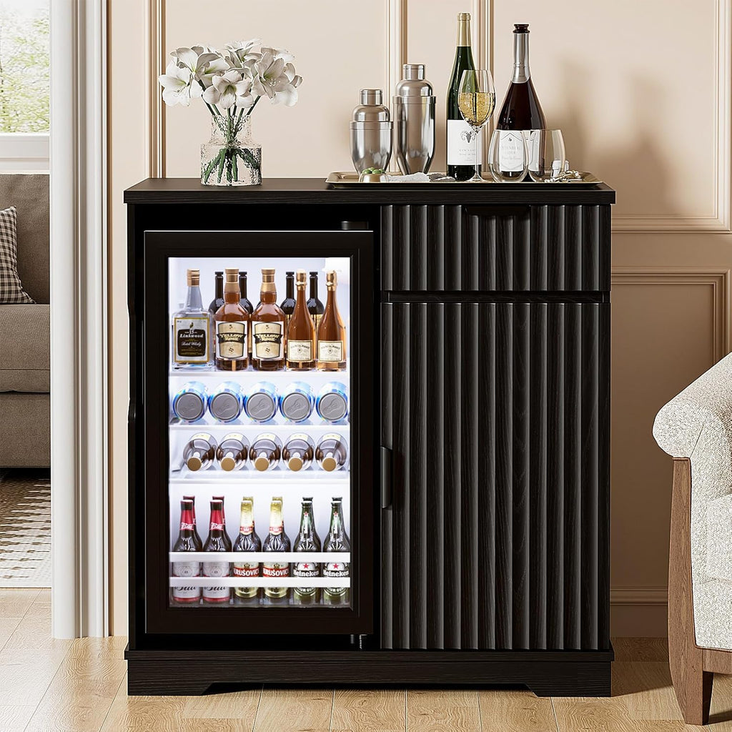 Mini Fridge Cabinet (Fridge Included), Fluted Coffee Bar Cabinet with Refrigerator, Pull Out Drawer & Storage Cabinets, 31.5" Liquor Wine Bar Cabinet for Home, Kitchen, Dining Room, Blac