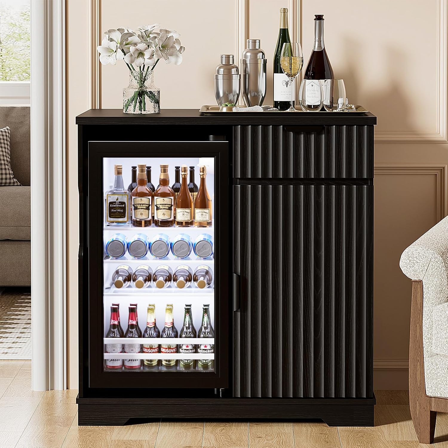 Mini Fridge Cabinet (Fridge Included), Fluted Coffee Bar Cabinet with Refrigerator, Pull Out Drawer & Storage Cabinets, 31.5" Liquor Wine Bar Cabinet for Home, Kitchen, Dining Room, Blac