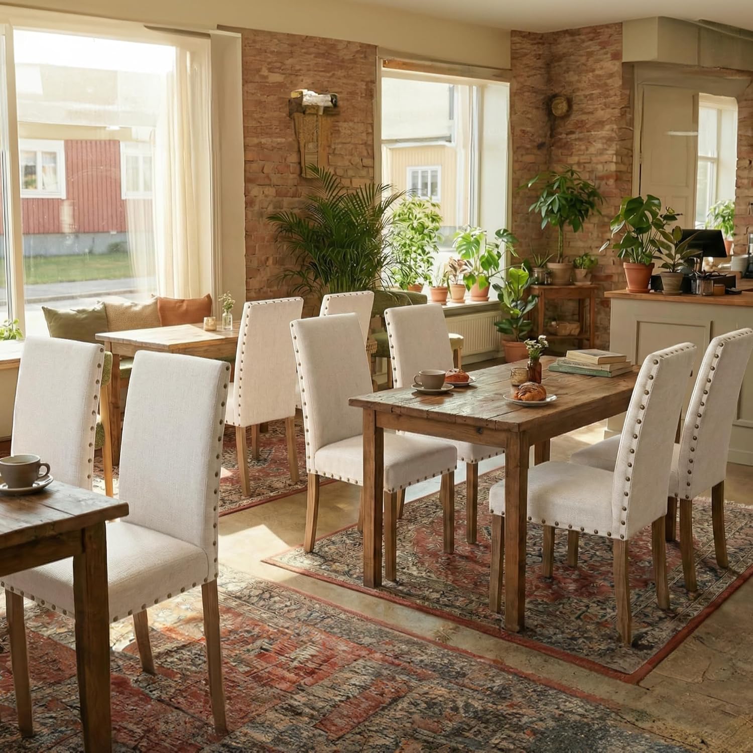 Upholstered Dining Chair Modern Stylish Parsons Kitchen Diner High Back with Bronze Nailhead Trim & Wood Legs, Set of 2, Beige